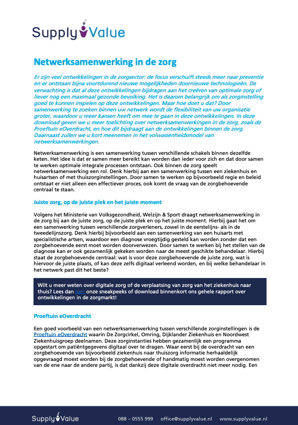 Inzicht, netwerksamenwerking in de zorg, Supply Value